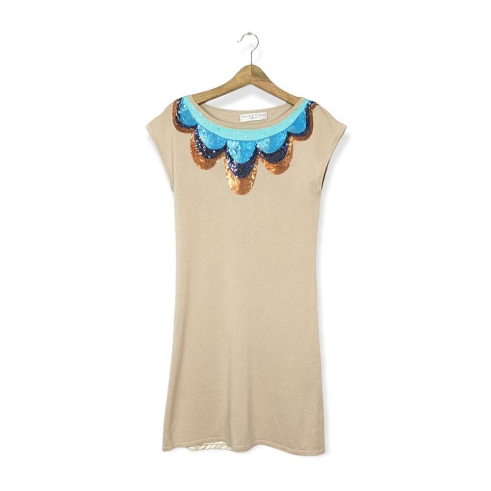Trina Turk Tan Embellished Sequin Neckline Dress